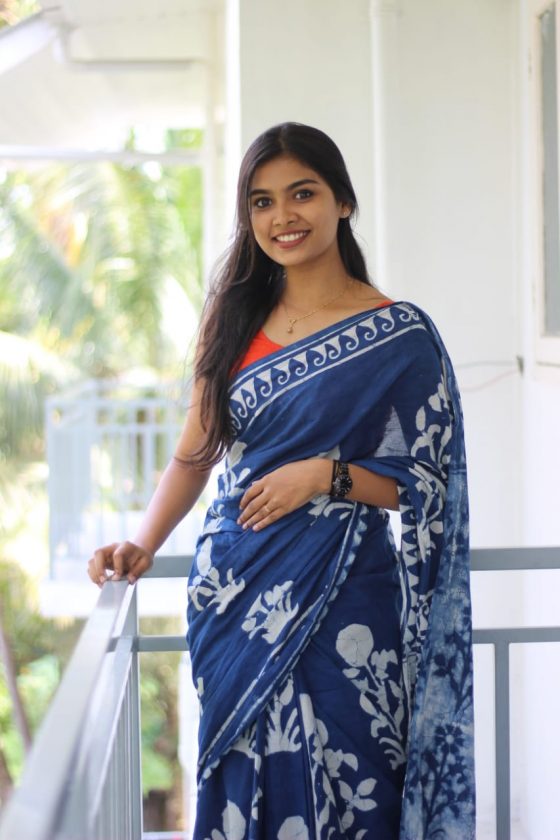 Malayalam actress Ashna Sudheer in blue saree