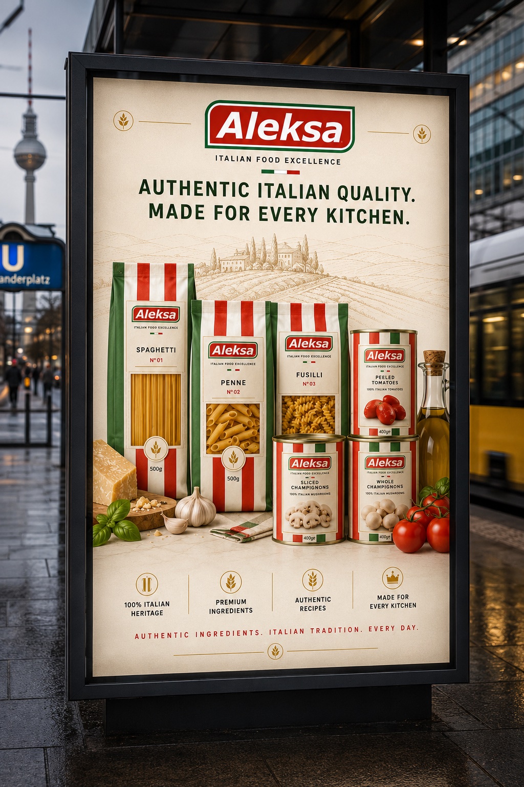 Aleksa transit citylight advertisement panel showcasing the brand's Italian food products.