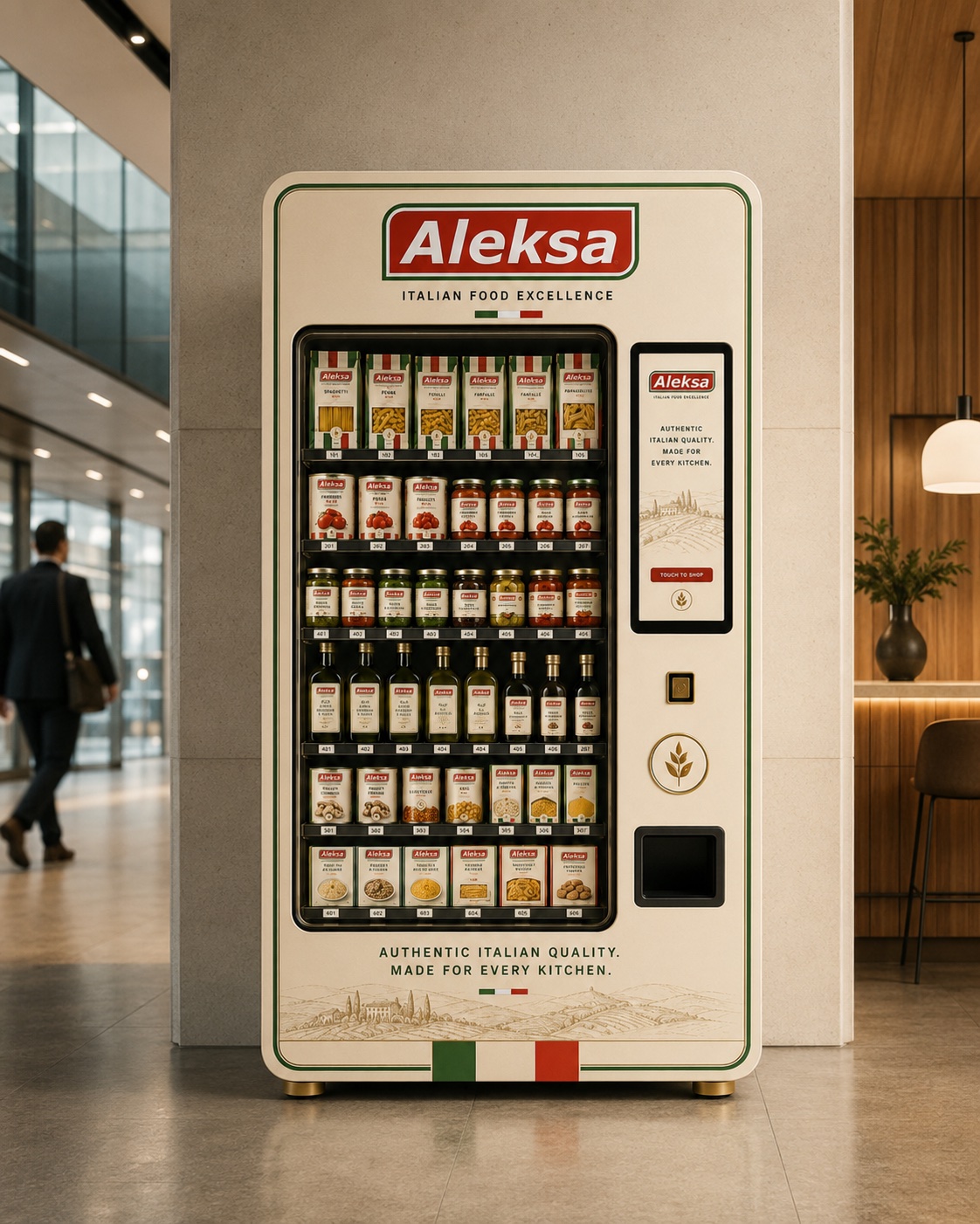 Aleksa-branded vending machine displaying Italian pasta, sauces and pantry products in a premium retail interior.