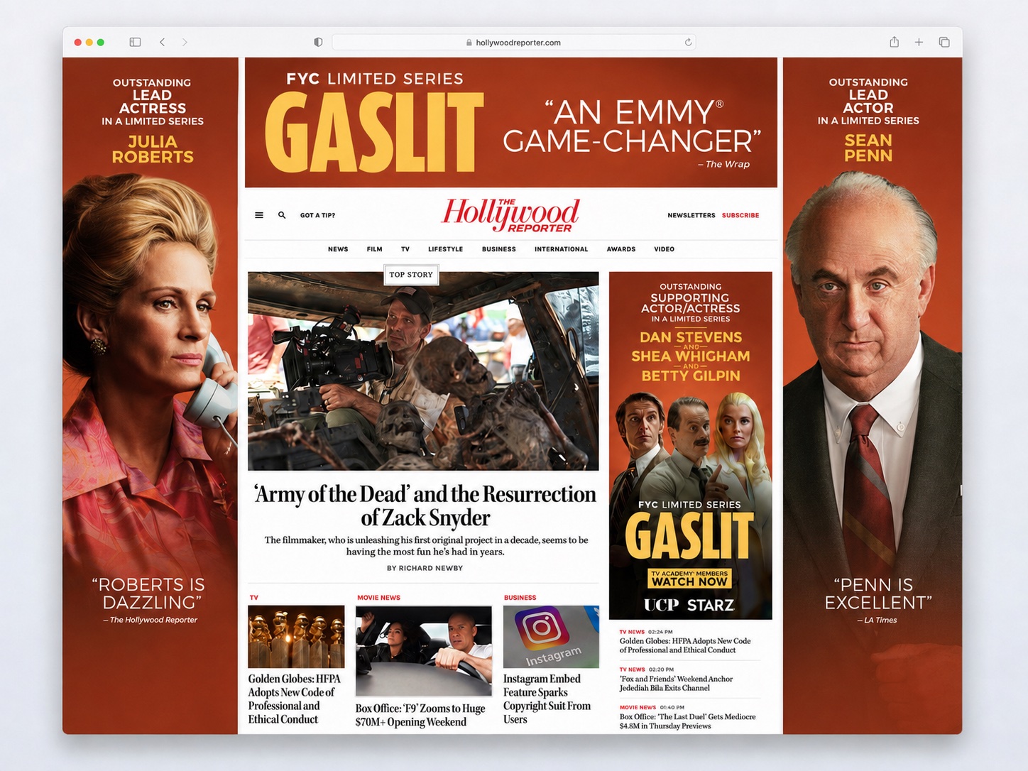 Gaslit For Your Consideration desktop leaderboard and skyscraper takeover ad on HollywoodReporter.com