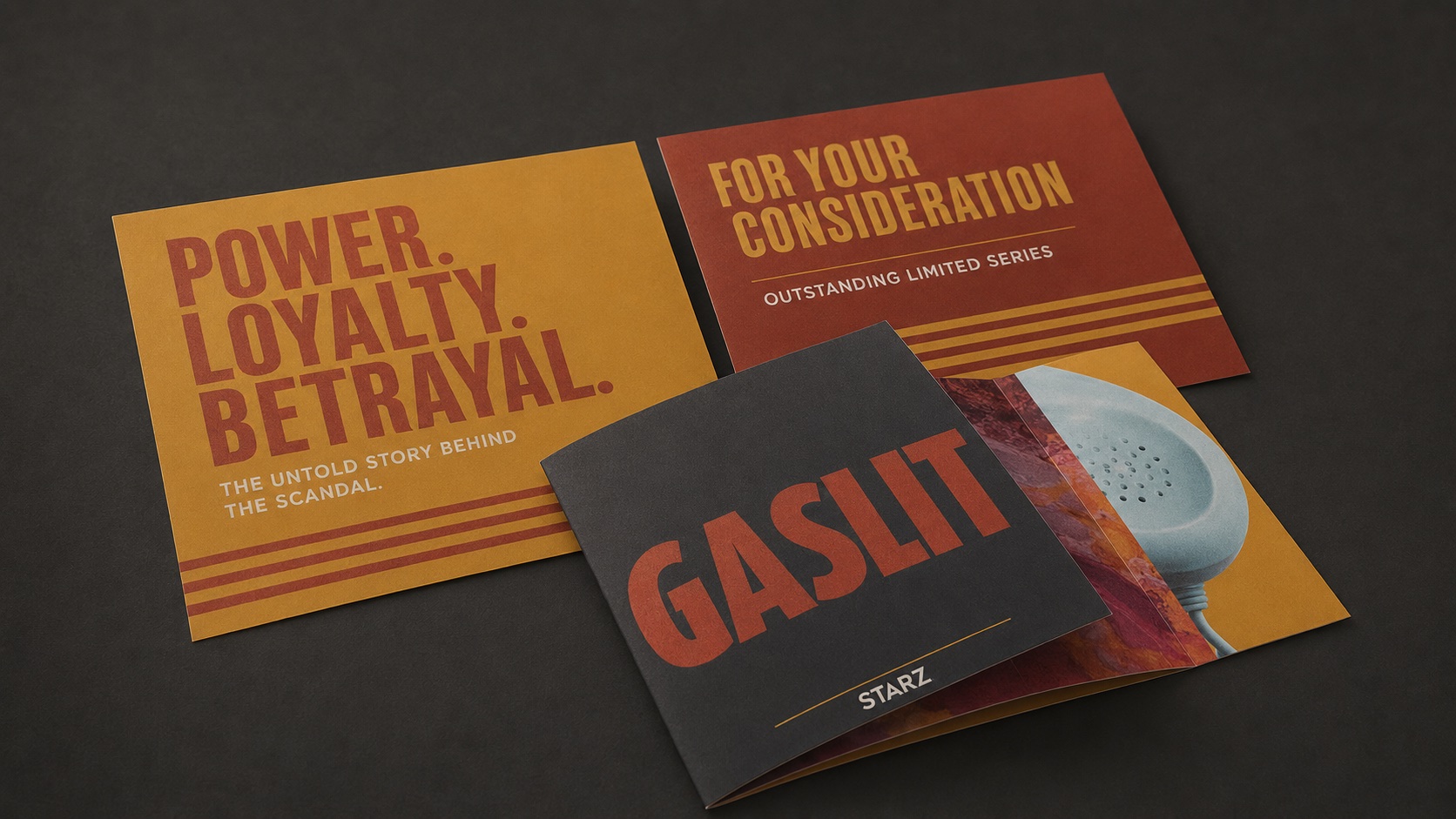 Gaslit For Your Consideration mailer cards reading 'Power. Loyalty. Betrayal.' and 'For Your Consideration' alongside a Gaslit-branded booklet