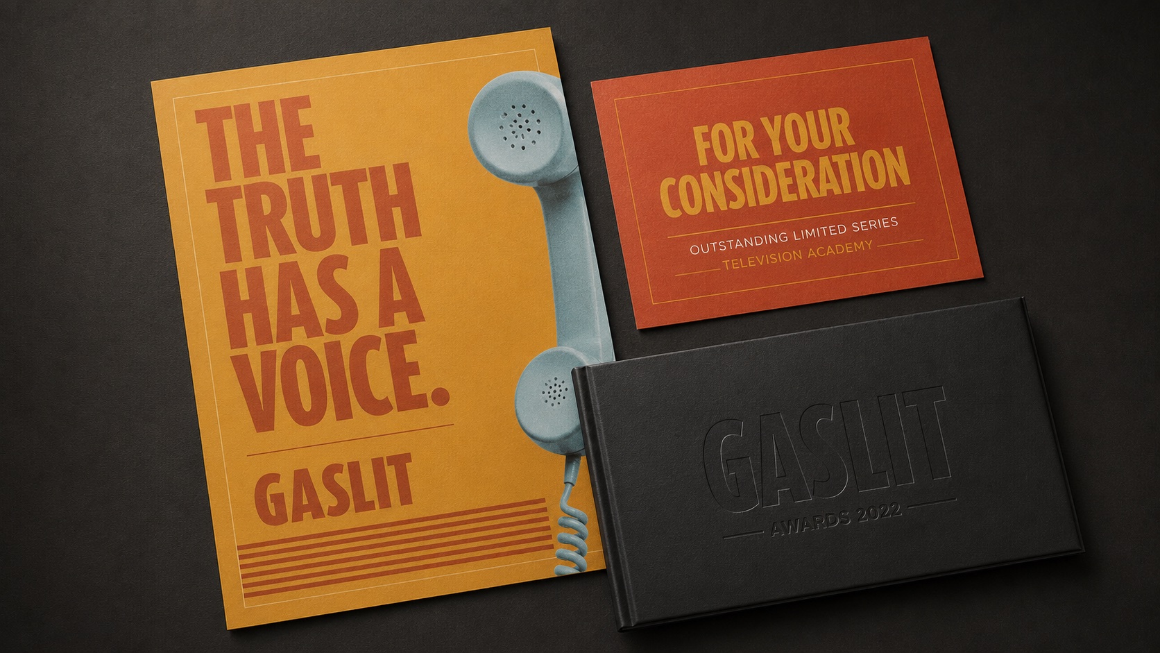 Gaslit For Your Consideration poster reading 'The Truth Has a Voice' beside a rotary phone handset, a Television Academy consideration card and an embossed Gaslit Awards 2022 box