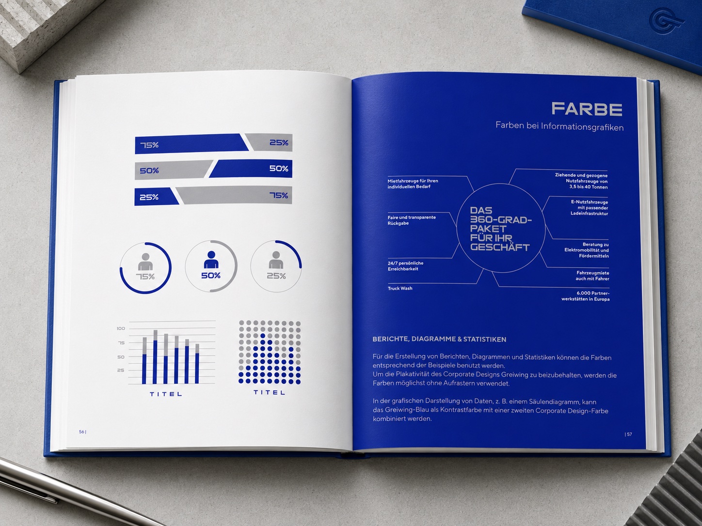 Greiwing design manual spread showing infographic and color guidelines