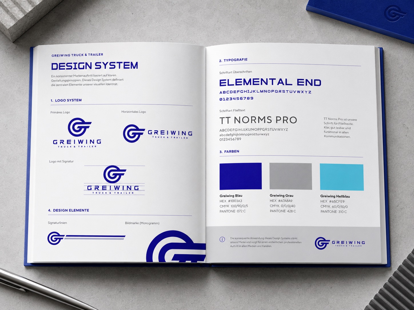 Greiwing design manual spread showing logo system and typography