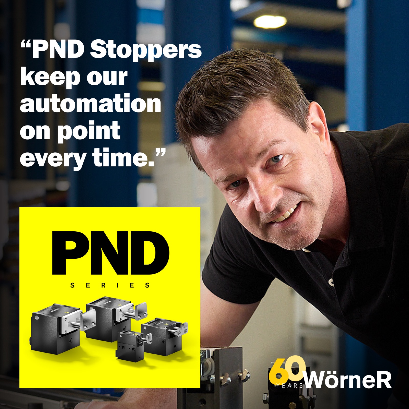 LinkedIn testimonial card quoting an employee: PND Stoppers keep our automation on point every time