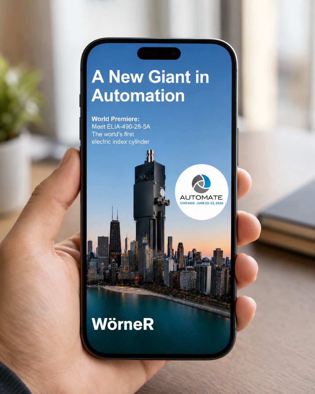 Phone mockup announcing Woerner's new electric index cylinder at Automate Chicago 2026, set against the Chicago skyline