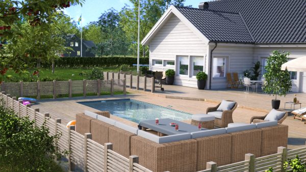 3x6 meter stor pool framför ett vitt hus. Placerad i Svensk sommar miljö