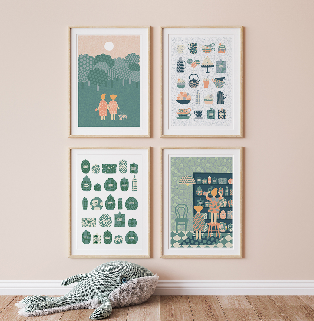 Poster mockup in minimal nursery design, wooden frames on beige