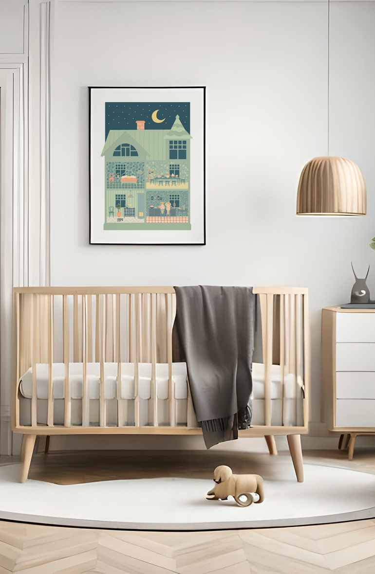 Stylish scandinavian newborn baby room with brown wooden mock up