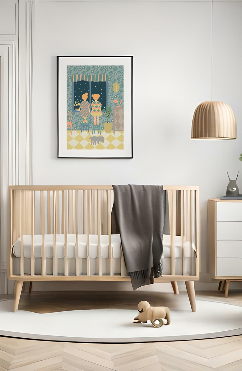 Stylish scandinavian newborn baby room with brown wooden mock up