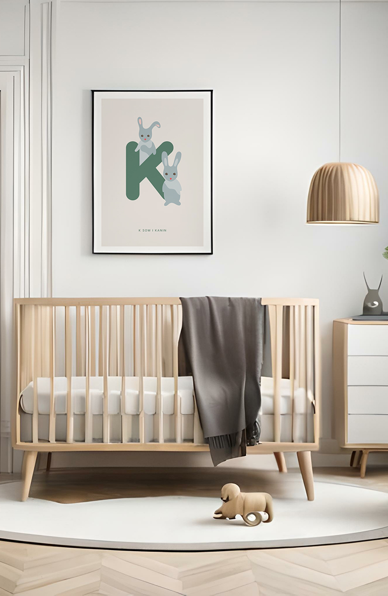 Stylish scandinavian newborn baby room with brown wooden mock up