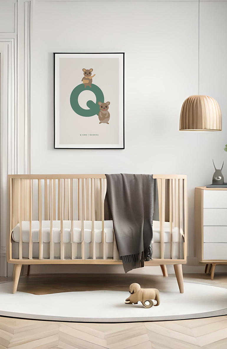 Stylish scandinavian newborn baby room with brown wooden mock up