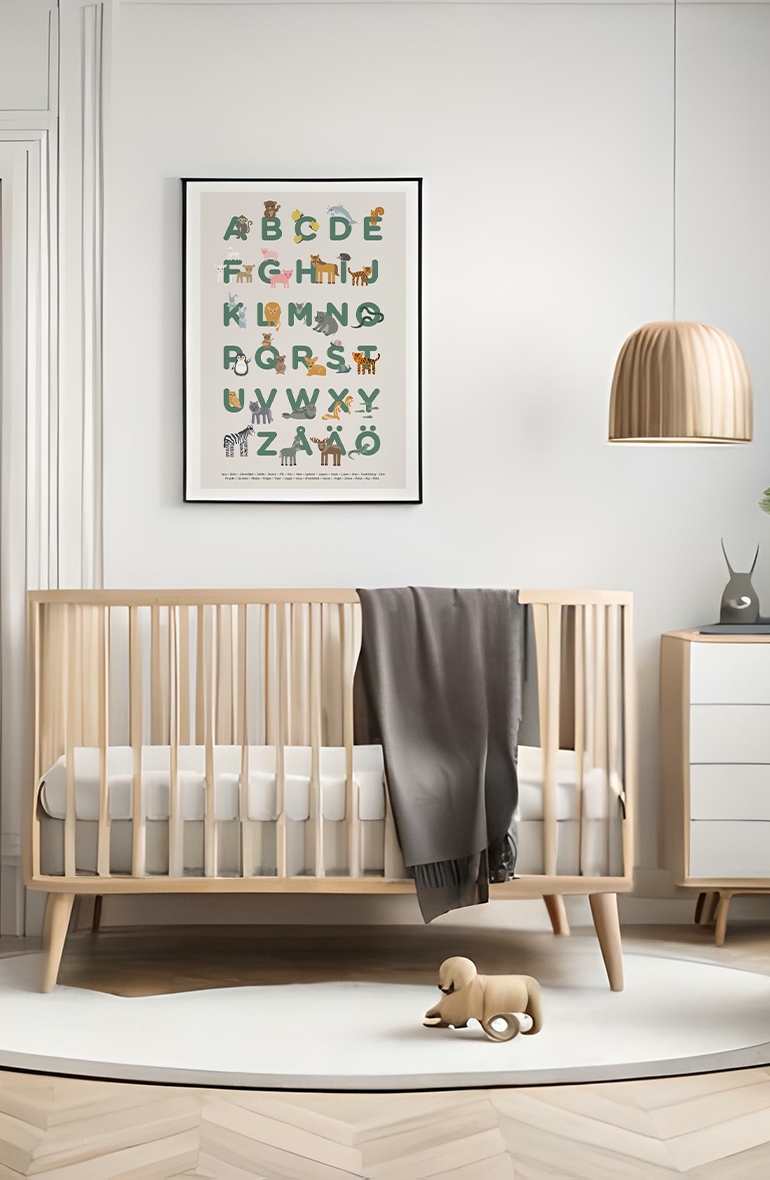 Stylish scandinavian newborn baby room with brown wooden mock up