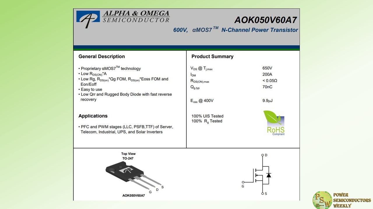 Alpha and Omega Semiconductor Releases 600V 50mohm αMOS7™ Super Junction MOSFETs Family