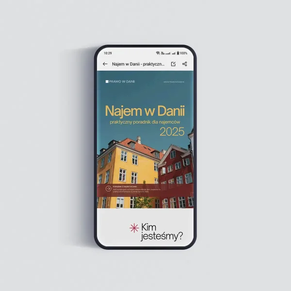 E-book "Najem w Danii. Praktyczny poradnik dla najemców", mockup, widok na telefonie.