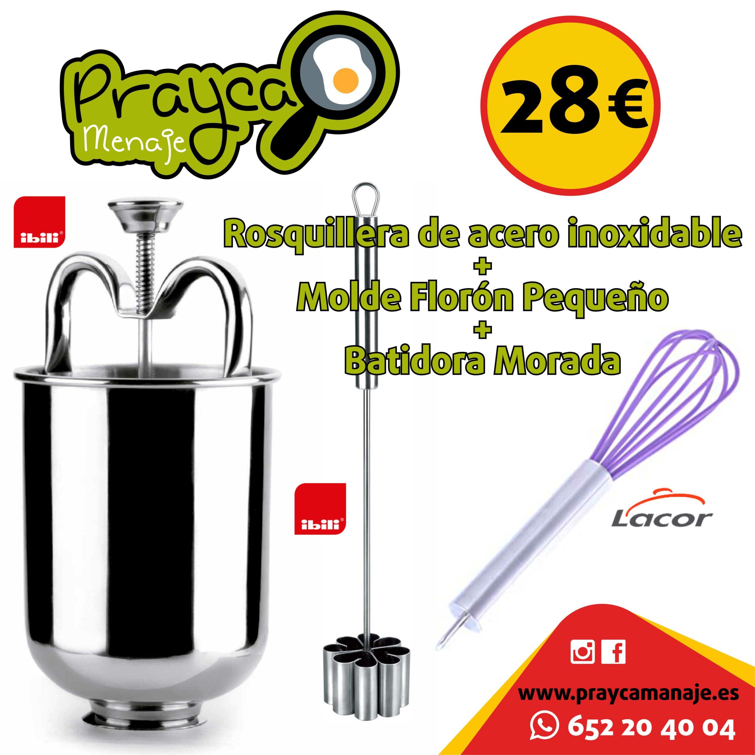 Pack Rosquillera de acero inoxidable + Molde Florón Pequeño + Batidora  Morada - Prayca Menaje