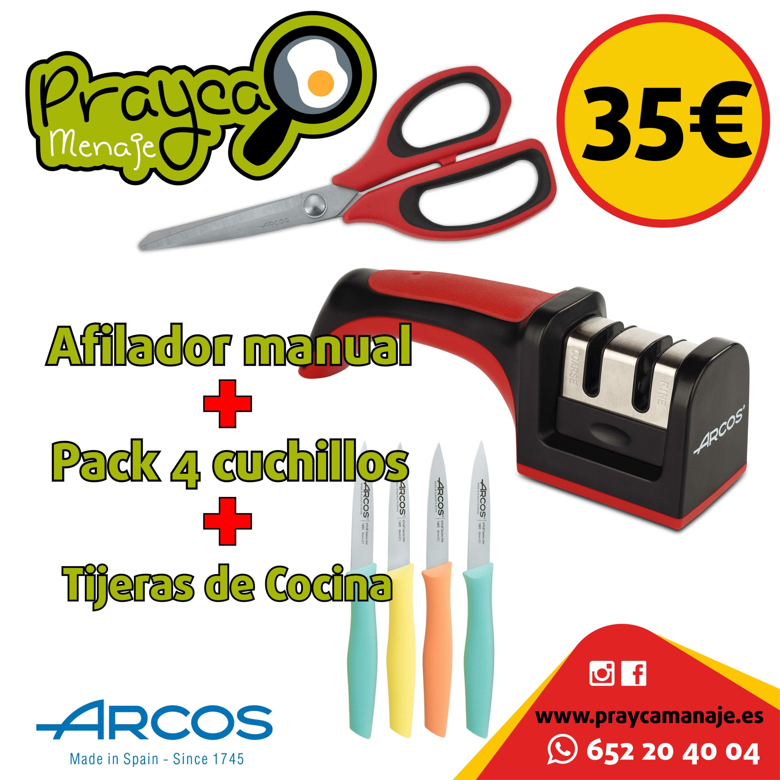 Pack Arcos Afilador manual con mango + Pack 4 cuchillos + Tijeras de Cocina  Rojas - Prayca Menaje