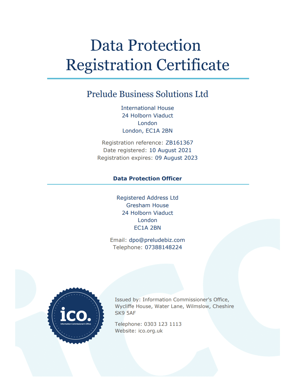 Image of our Data Protection registration certificate