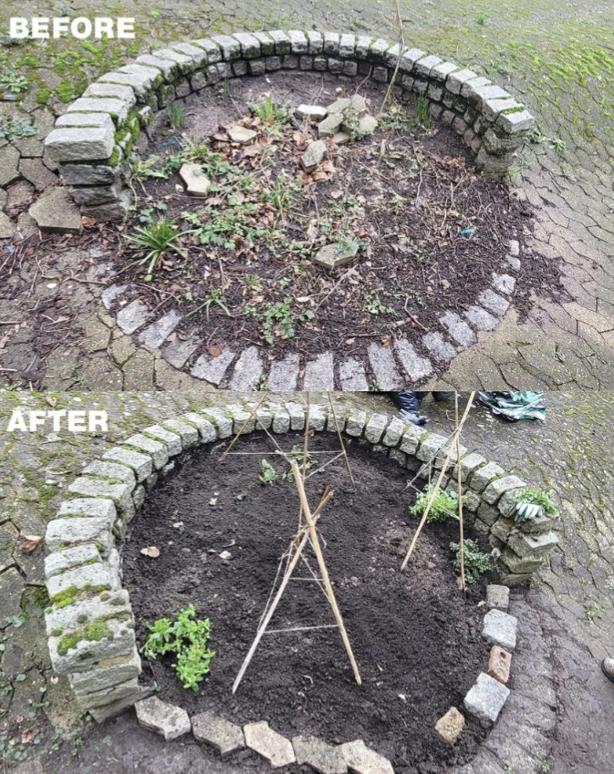 Photos of a group of volunteers gardening and before and after shots of gardening activities.