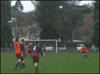 Builth Wells (orange shirts) in their only league defeat against Presteigne Reserves