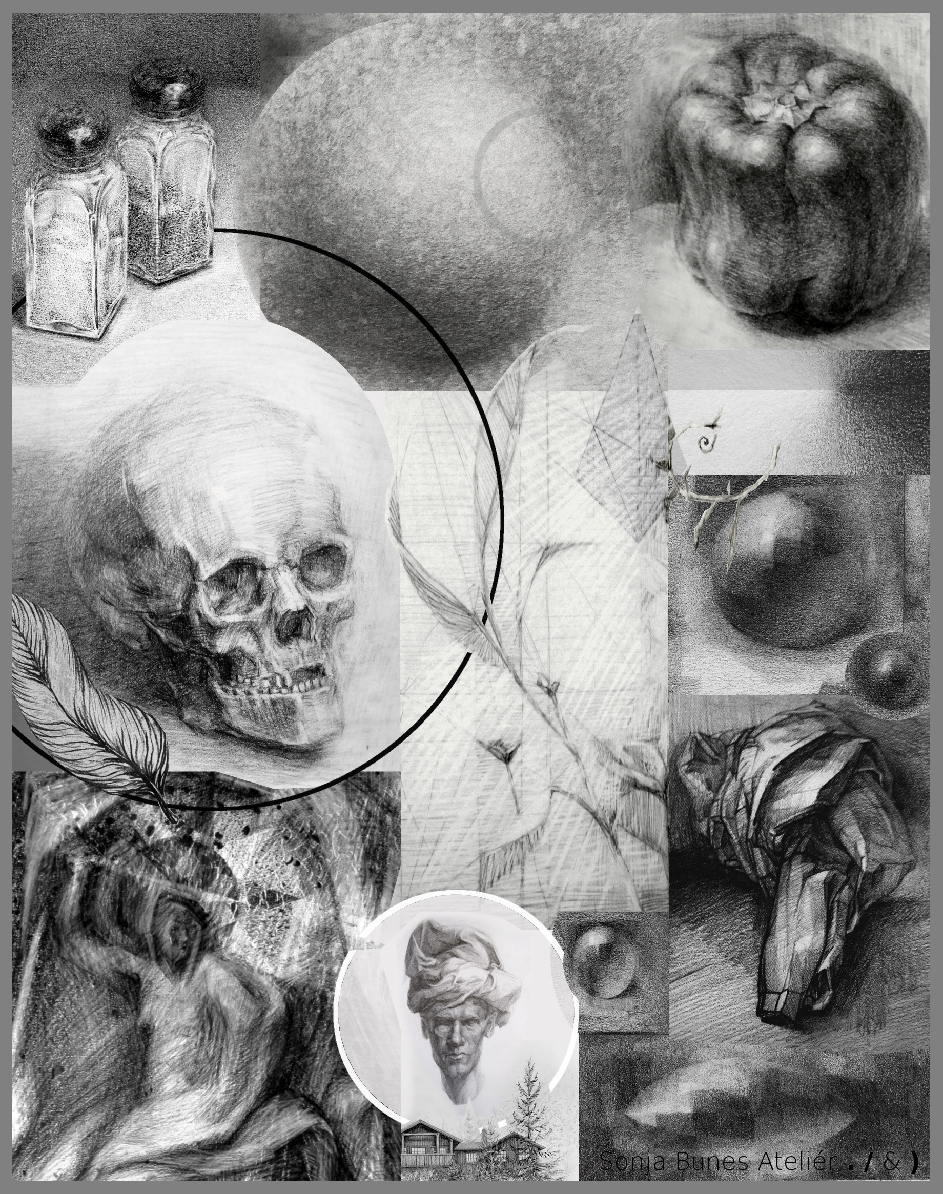 Digital collage av blyanttegninger, Sonja Bunes