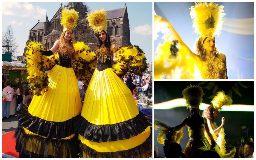 Stralende Copacabana Steltenlopers in geel-zwart brengen Braziliaanse flair naar uw evenement! Dansfeest of welkomstact, laat het feest beginnen!