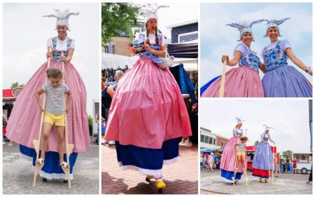 Ervaar nostalgische charme met Hollandse Meisjes Steltenlopers: oude spellen, kleurrijk vermaak & interactie. Boek voor een unieke reis naar het verleden!