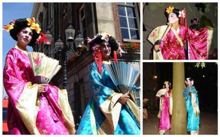 Ervaar betoverende Geisha's Steltenlopers: Japanse elegantie in zijden kimono's. Perfect voor oosterse feesten. Boek nu uniek en flexibel entertainment!