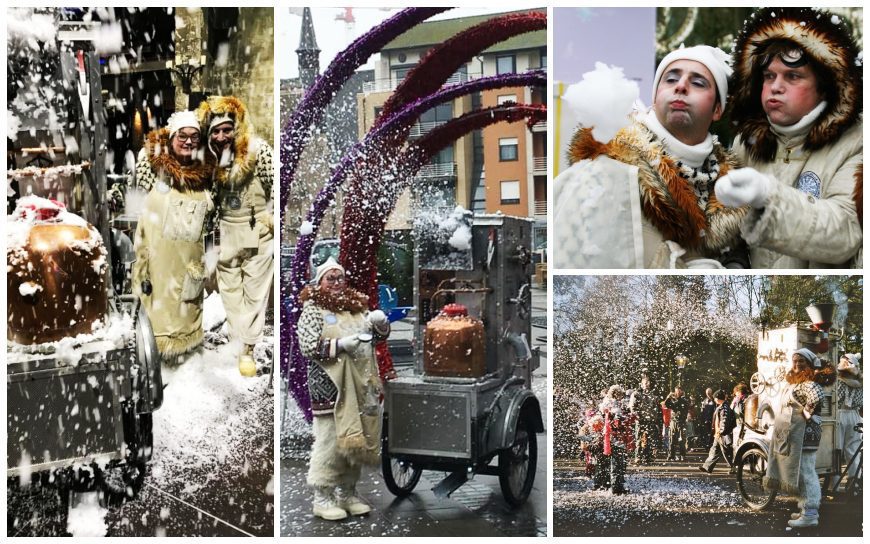 Betover uw evenement met deze mobiele Sneeuw Machine! Wetenschappers creëren wintermagie op bakfietsen. Beschikbaar voor winterse evenementen en kerstfeesten.