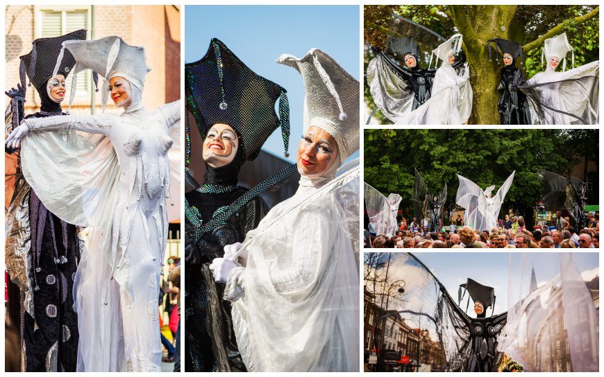 Ervaar betoverende Vlinder Diva's Steltenlopers: Een majestueus schouwspel hoog boven het publiek. Een sfeervolle toevoeging aan elk evenement!