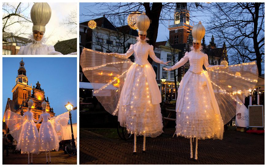 Magische Winter Feeën Steltenlopers: Betoverende Witte Winter Feeën op Stelten voor Elegant Entertainment. Laat u meeslepen in een sprookjesachtige ervaring!