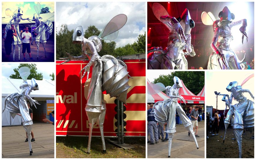 Buitenaardse Zilveren Vliegen Steltenlopers voegen Magie Toe aan Uw Evenement. Ervaar Kunst en Esthetiek op Stelten van deze Space Insecten!