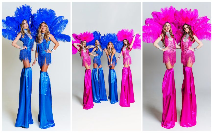 Burlesque Steltenlopers: Betoverend entertainment in lila en blauw. Ideaal voor evenementen. Boek Nu!