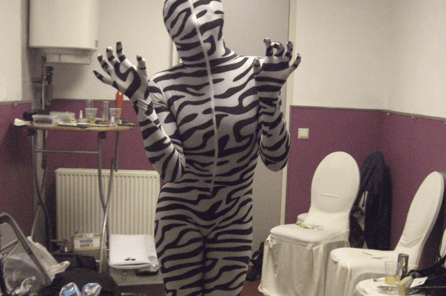Niet alle kostuums zijn even gemakkelijk voor onze danseressen. Hier hebben we een lastige: een fully covered bodysuit in zebra print. Ondanks het beperkte zicht, lukt het hen toch om een spetterend optreden te geven.