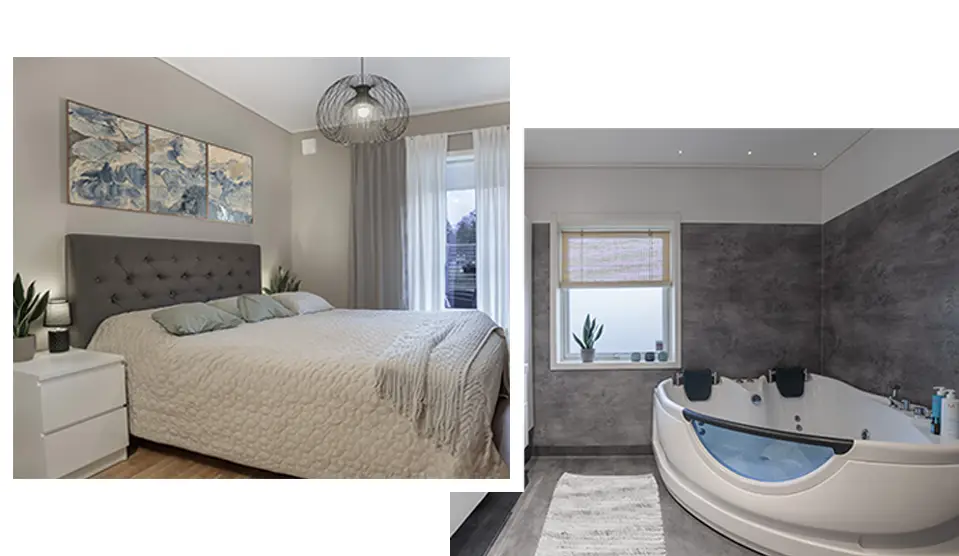Två bilder på ett badrum med badkar och säng, tagna av en skicklig fotograf.