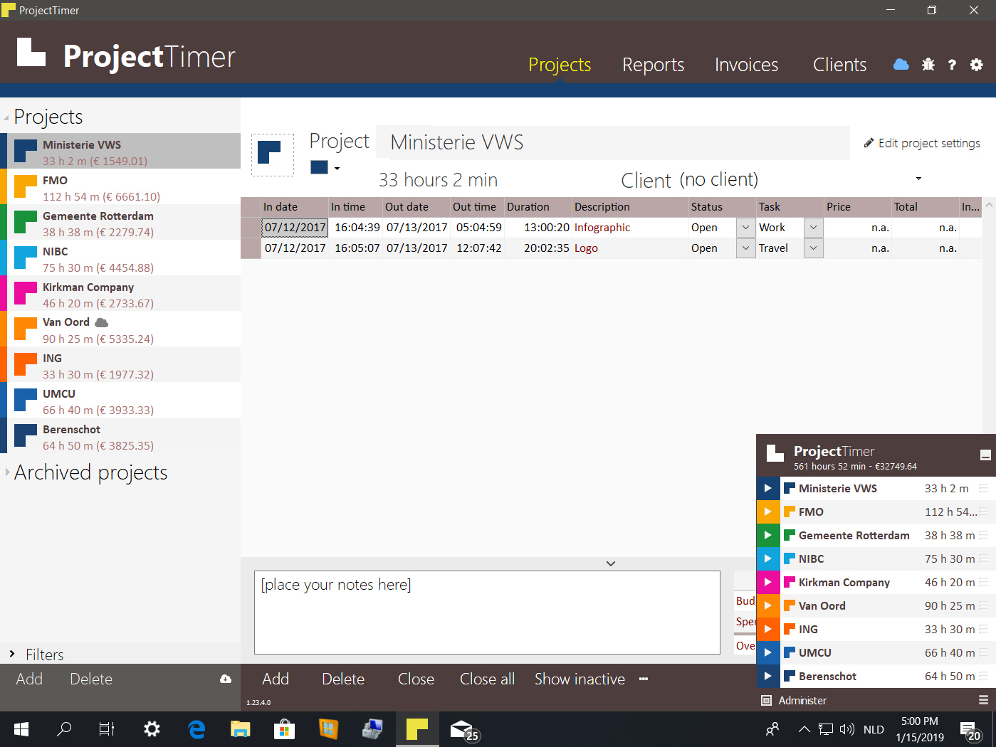 Project Timer - Free timesheet time tracking Windows application.
