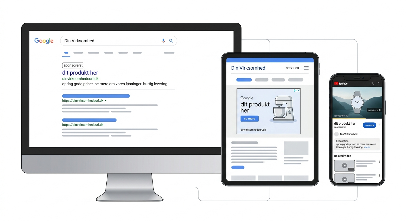 Performance Max annoncer pa tvaers af soegning, display og YouTube i Google Ads