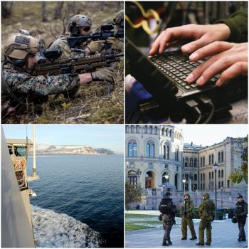 Øverst fra venstre: USMC øver med Kystjegerkommandoen i Harstad i 2019. / Elev fra Forsvarets ingeniørhøyskole trener på cyberforsvar under en feltøvelse. / KV Svalbard utenfor kysten av Spitsbergen. / Politi og soldater fra Heimevernet utenfor Stortinget under en anti-terror øvelse i 2012. Foto: Jakob Østheim / Forsvaret.