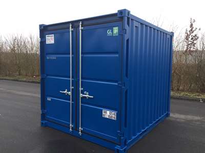 10 fods lagercontainer fra containex, set udefra, i farven blå. Vi har altid 10 fods container på lager, også skibscontainer.