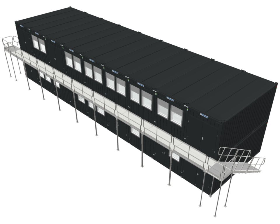 Lej byggepladskontor. Kontorbygning bestående af 18 stk 20 fods kontorcontainere fra Containex årgang 2021