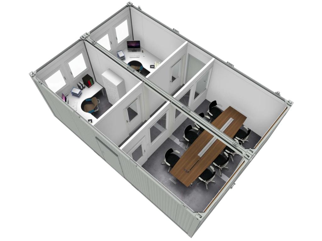 Indretningseksempler: 2 stk. kontorcontainer der er indrettet med mødelokale, fordelingsgang og 2 stk kontore.