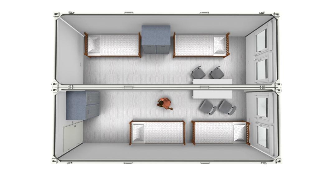 Soverum med 4 sengepladser i to 20 fods containere der er bygget sammen.