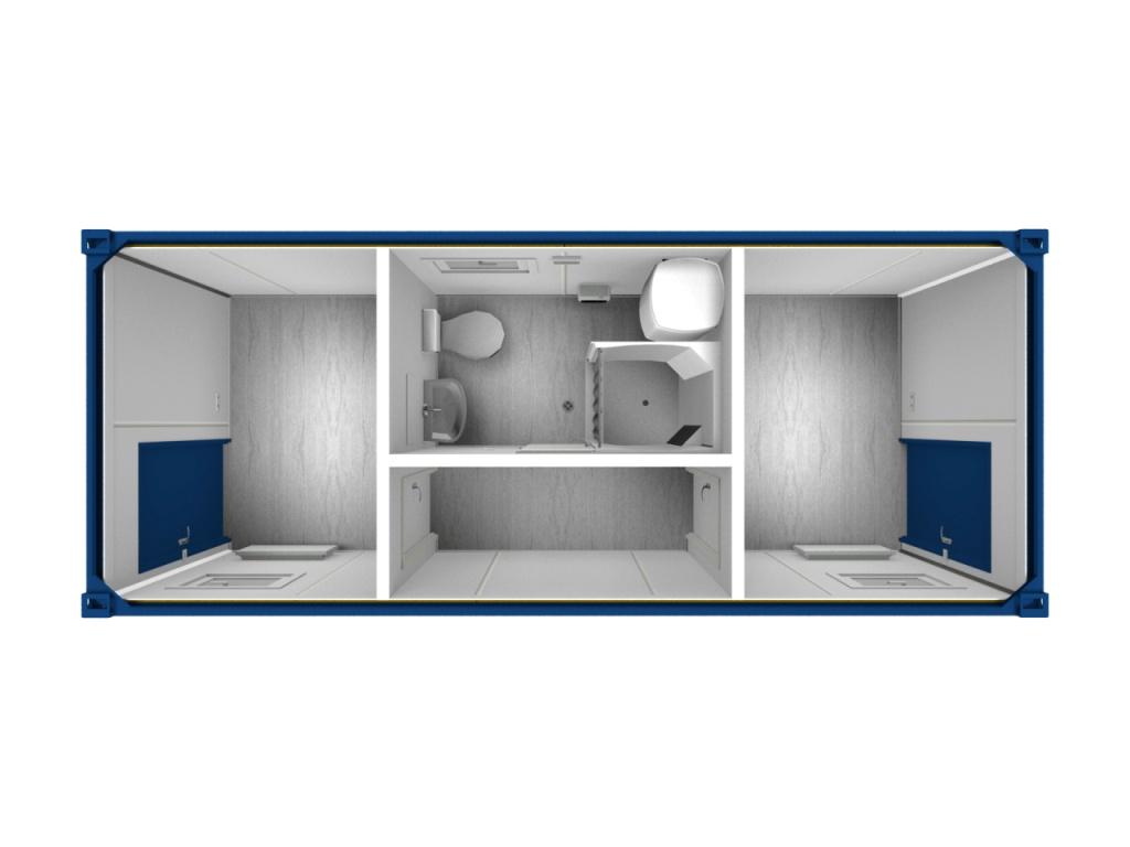 20 fods sanitetscontainer med toilet/bad afdeling i midten. har 2 rum med egen adgang, der også begge har adgang til bad.