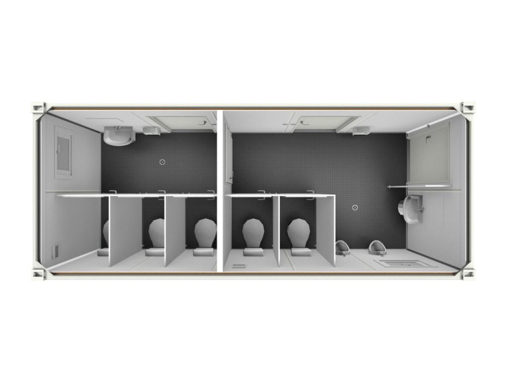 Indretningseksempel på 20 fods sanitetscontainer med 2 afdelinger, 5 toiletter i alt samt 2 urinaler.