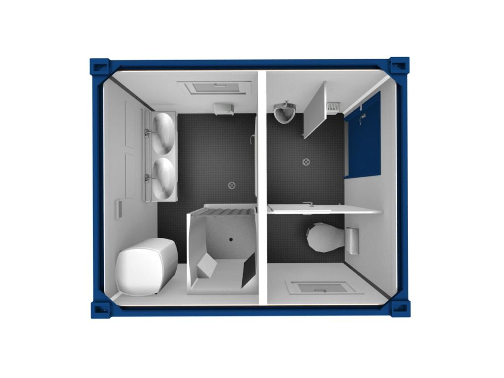 Indretningseksempler: Denne kompakte løsning giver både bad, urinal og toilet i en 10 fods container. til hver afdeling er der sanitetsvindue. Disse vinduer kan skiftes ud med aircondition, der nøjagtig passer med rammen på et sådan vindue.
