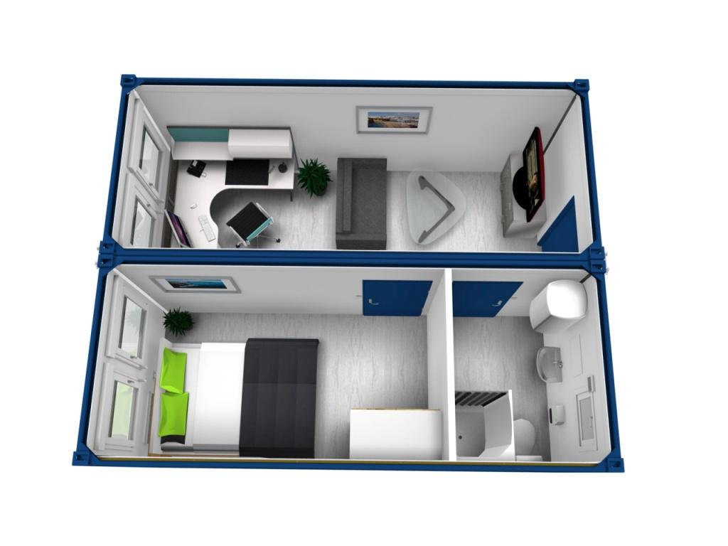 Indretnings eksempel på beboelses containere af typen Classic Line. indeholder stue med arbejdsplads samt soveværelse og toilet/bad.