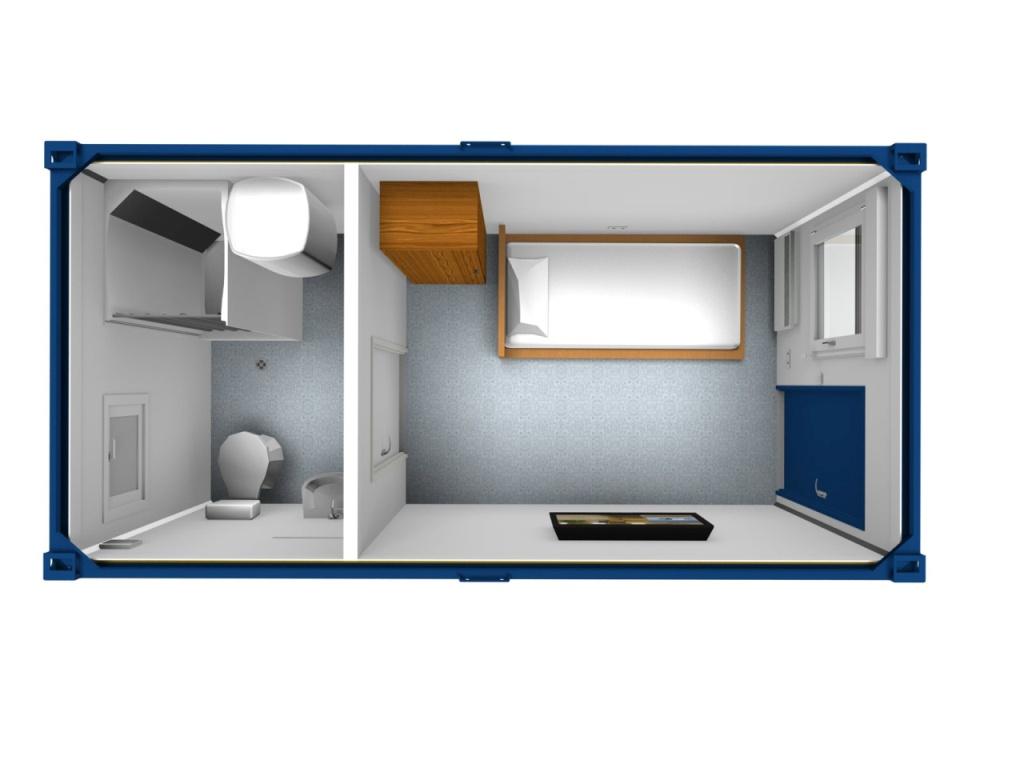 Indretning af 20 fods beboelsescontainer. lille soveværelse og tilhørende toilet med bad. Containeren er af typen Classic Line fra Containex.