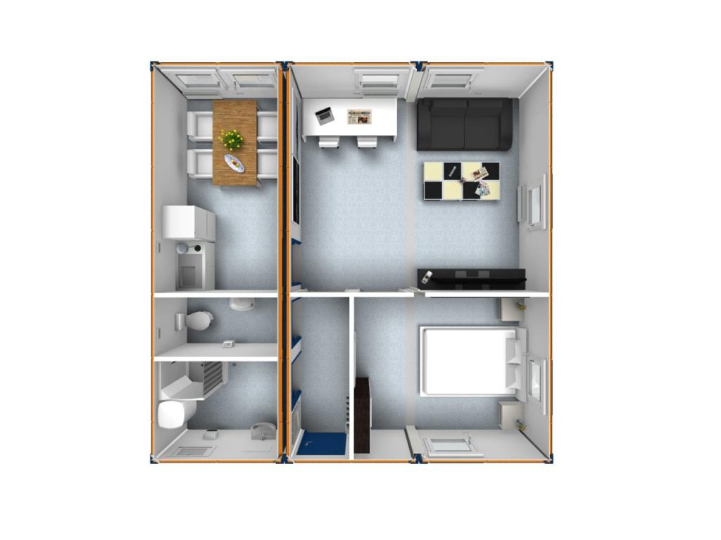 Indretningseksempler for Containex Classic Line serien. Denne løsning er for beboelse, der består af 3 stk. sammenbyggede 20 fods containere opdelt i 6 rum af skillevæge. Beboelsen indeholder en fordelingsgang med adgang til toilet, bad, stue og soveværelse. Bygningen indeholder også minikøkken med plads til at spise.