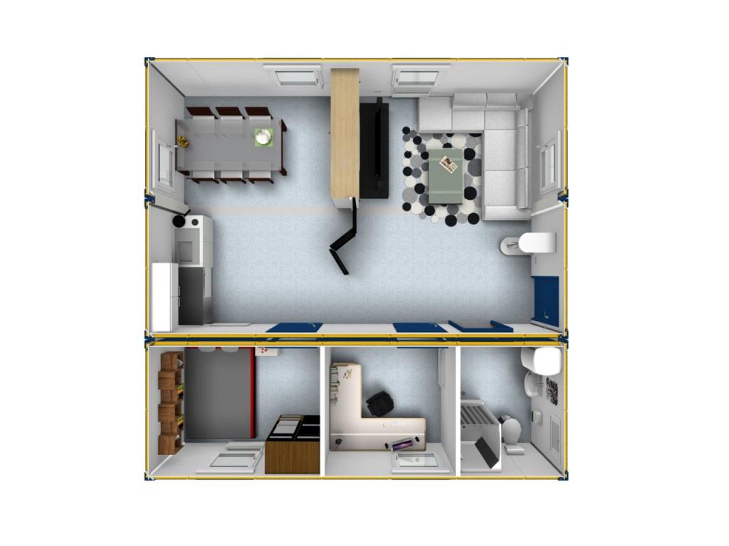 Indretningseksempler for Containex Classic Line serien. Denne løsning er for beboelse består af 3 sammenbyggede 20 fods containere. Beboelsen indeholder kontor, toilet med bad, køkken, soveværelse samt stue.