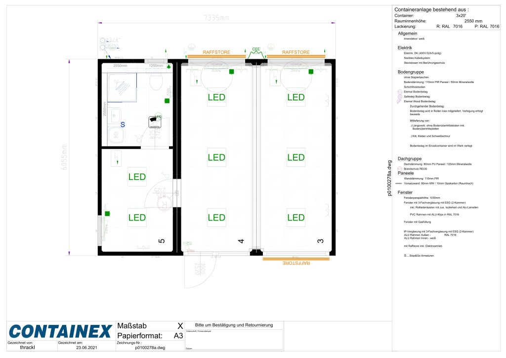 Plantegning CONTAINEX PLUS Line kontor med sanitetsmodul der indeholder toilet og bad. Bygningen består af 3 moduler der er 6 x 2,4 x 3 meter hver. Der er toilet, bad, AC, lys og varme. Modulet er fra 2021.